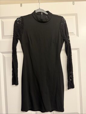 Lulus Black Long-Sleeve Lace Detail Mock Neck Dress never worn